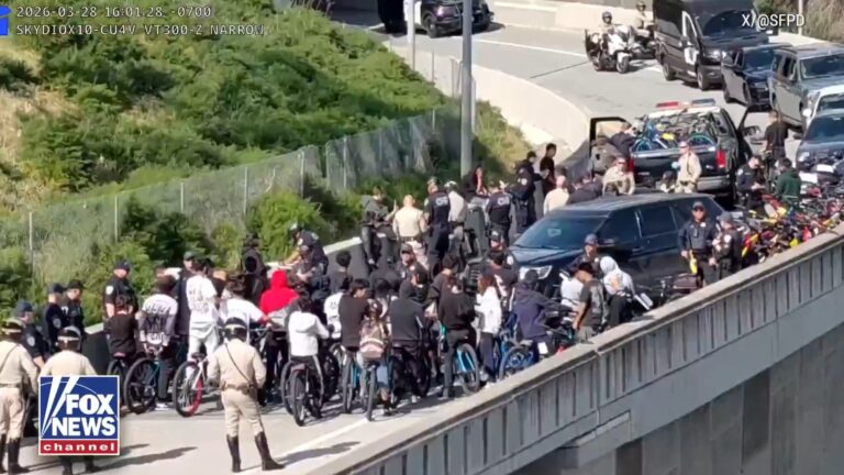 Bicyclists and police on an overpass