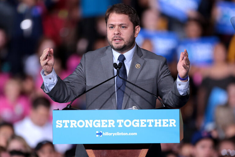 Ruben Gallego speaking at a Hillary Clinton rally