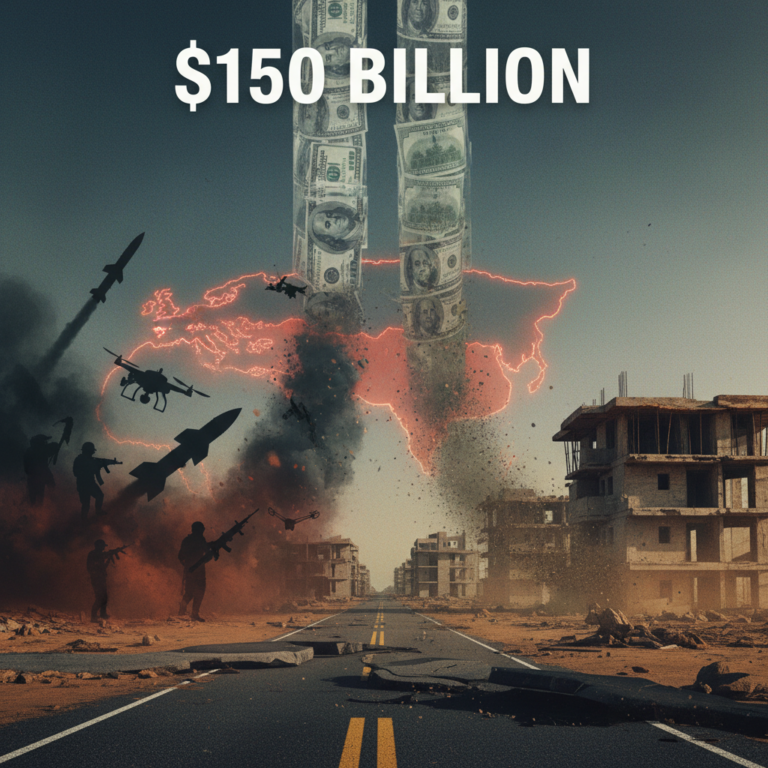 An AI graphic of a scene in Iran with warfare and money