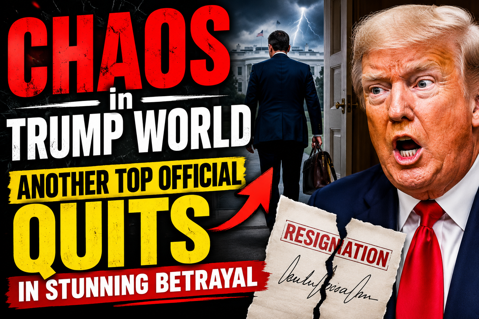 Dramatic YouTube-style political thumbnail showing a shocked Donald Trump on the right side while a suited official walks away from the White House carrying a briefcase under a stormy sky. Large bold text reads “CHAOS in TRUMP WORLD” and “ANOTHER TOP OFFICIAL QUITS in STUNNING BETRAYAL,” with a torn resignation paper and red arrow emphasizing the departure.