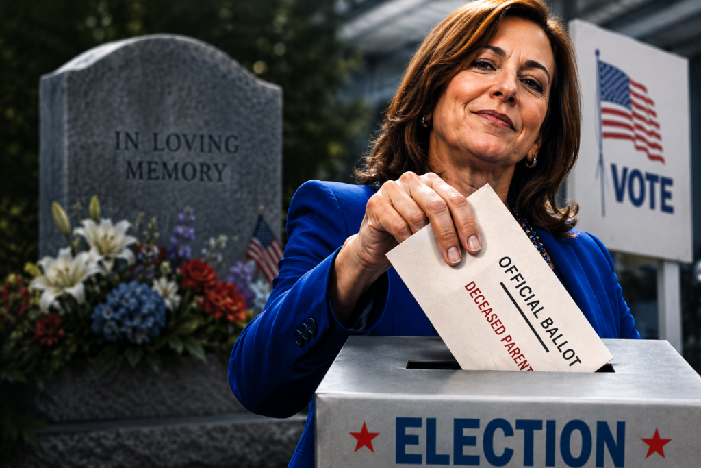 A woman putting a ballot into a ballot box with a headstone in background.