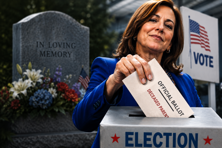 A woman putting a ballot into a ballot box with a headstone in background.