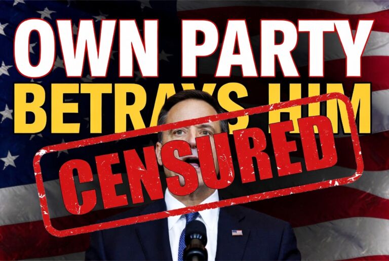 Man with overlay text that says "Own party betrays him" and "censured"