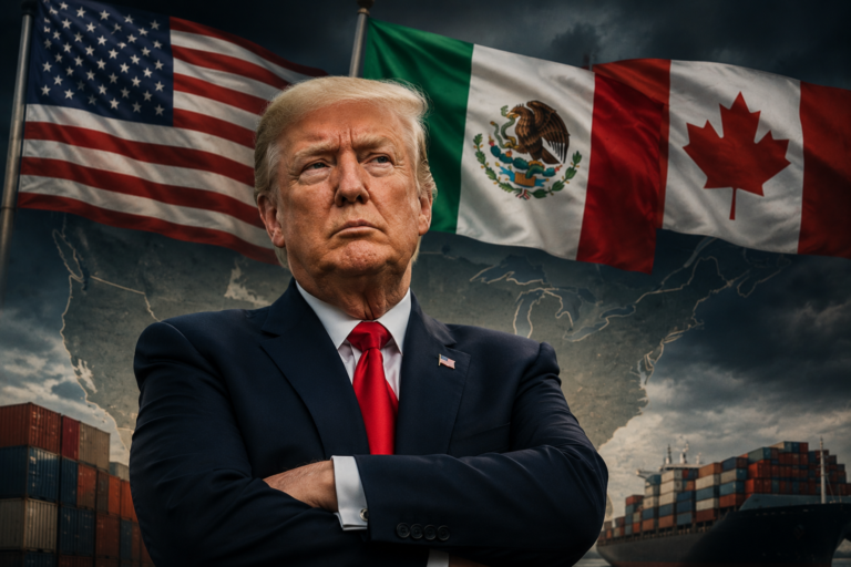 President Trump with flags behind him