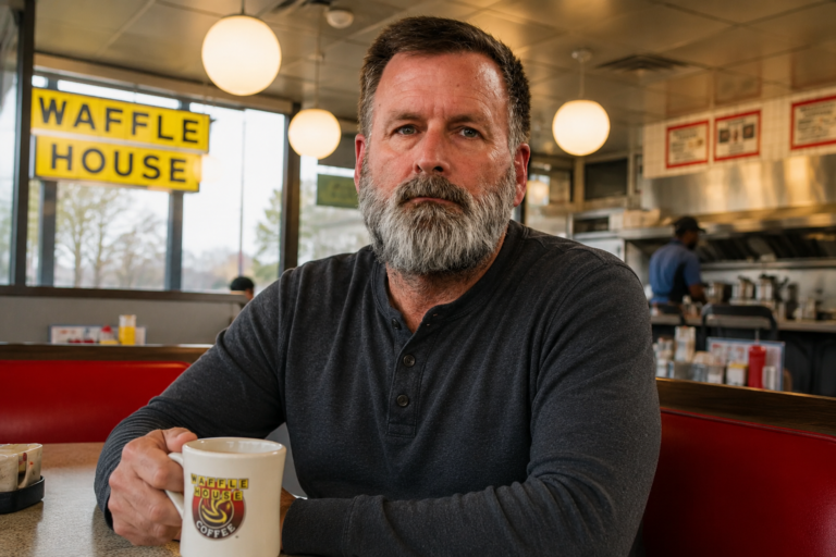 Greg Phillips sitting inside a Waffle House