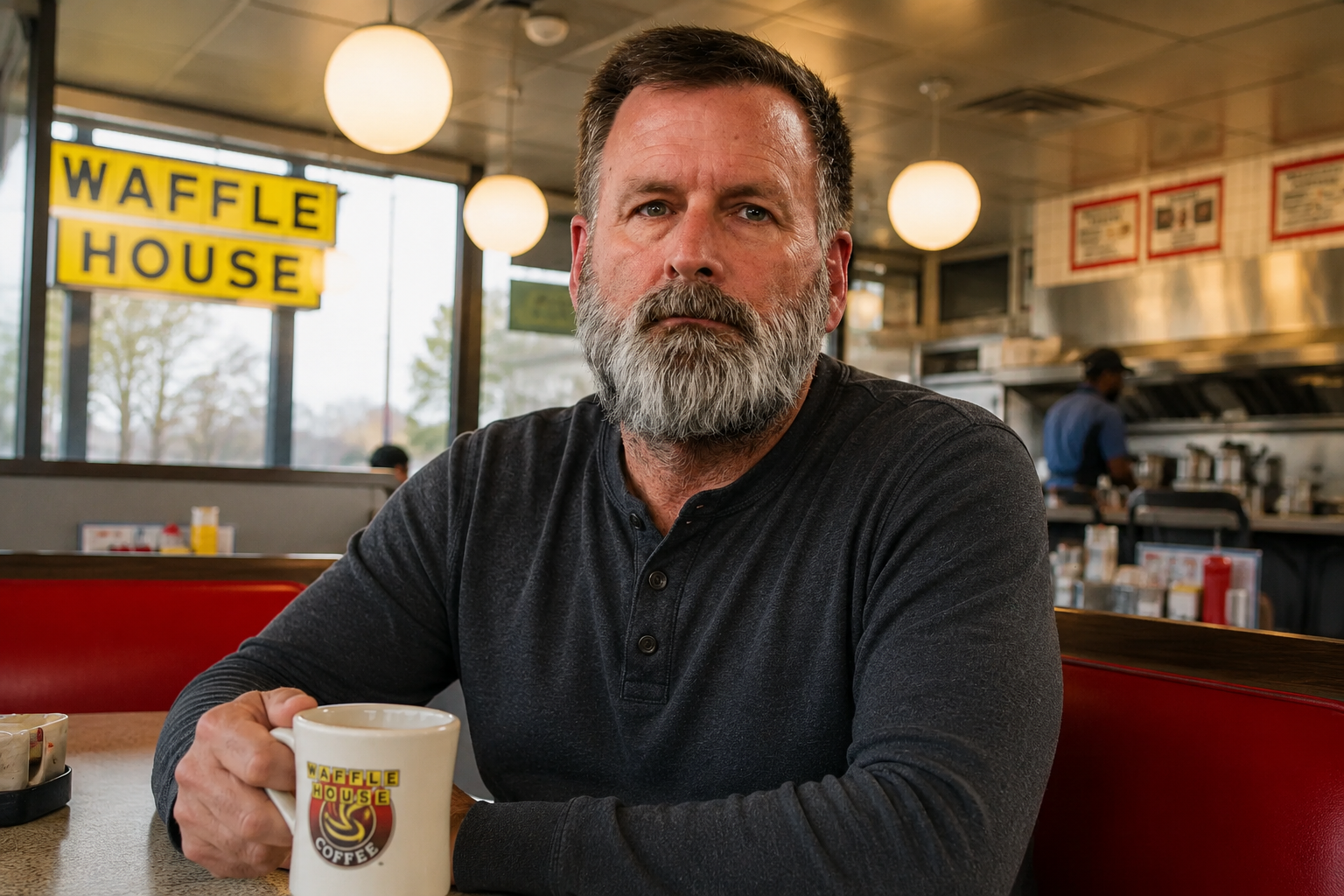 Greg Phillips sitting inside a Waffle House