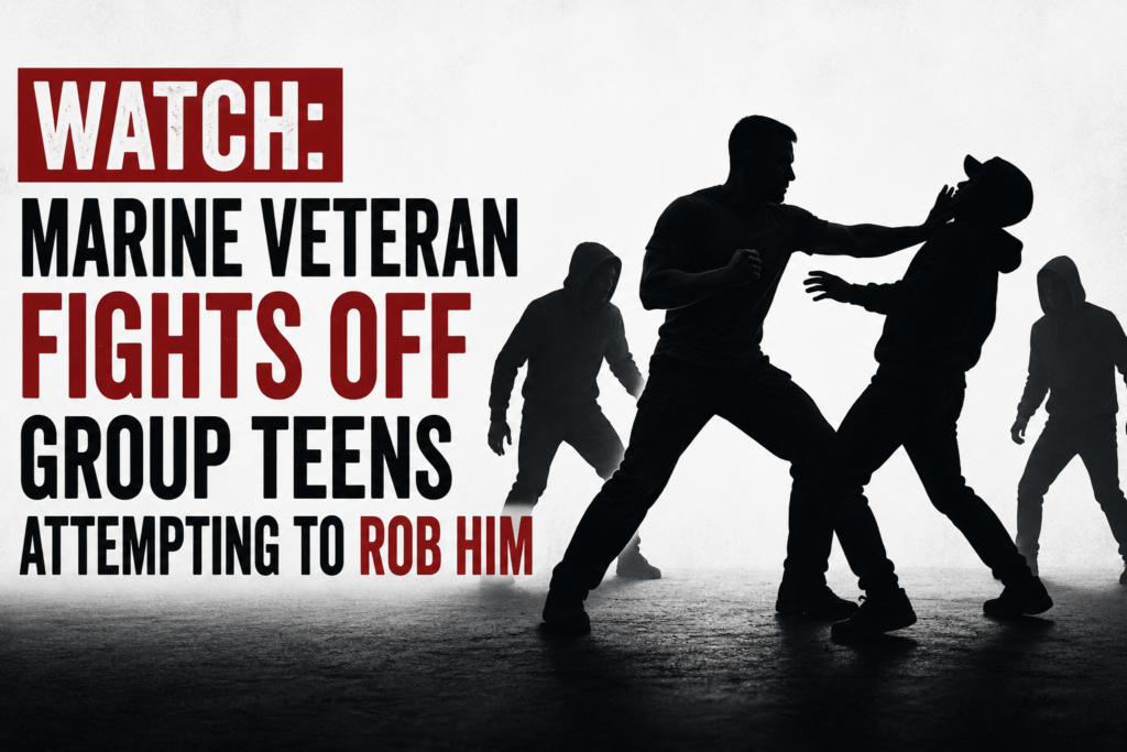 WATCH: Marine Veteran Fights Off Group Teens Attempting to Rob Him text with shadows of men fighting