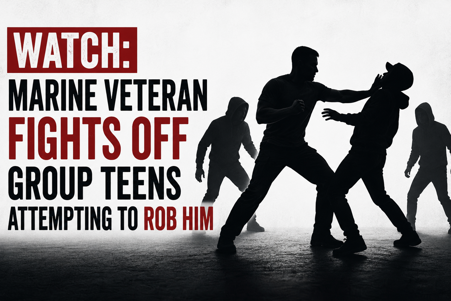 WATCH: Marine Veteran Fights Off Group Teens Attempting to Rob Him text with shadows of men fighting
