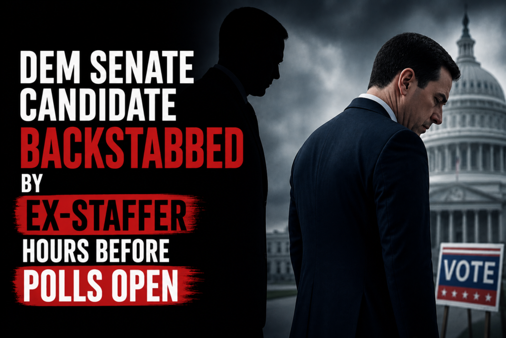 Political candidate looks down as a shadowy figure stands behind him outside the U.S. Capitol.