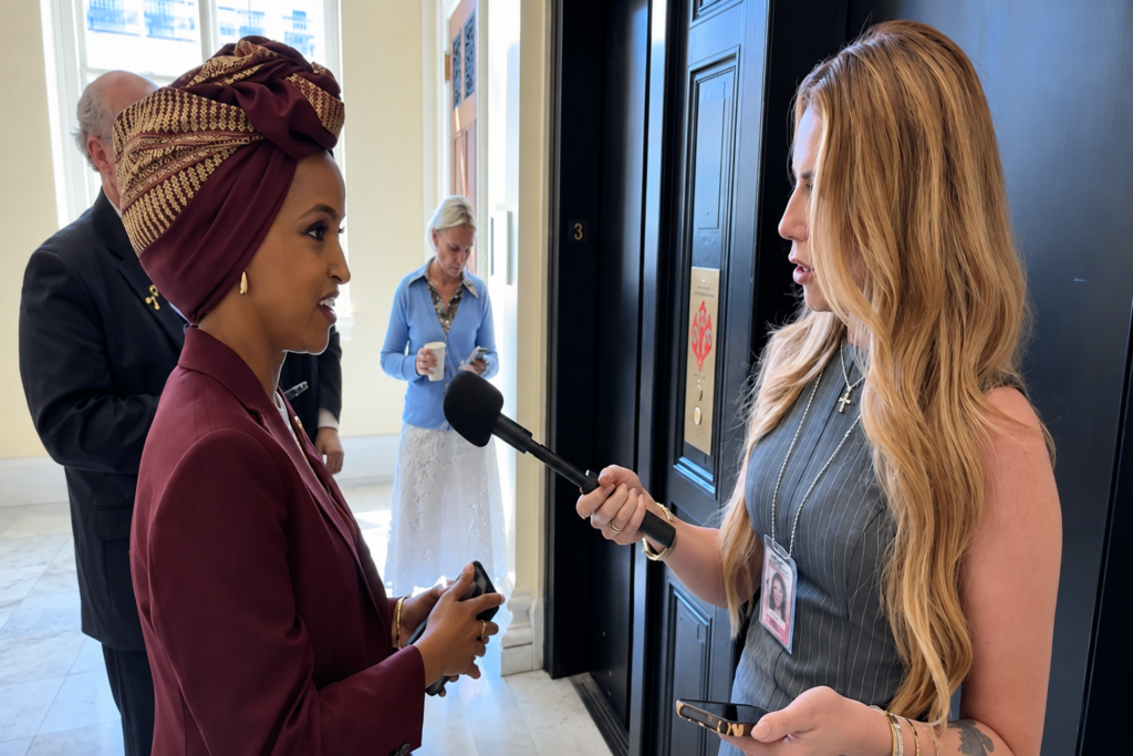 Ilhan Omar talking to a reporter
