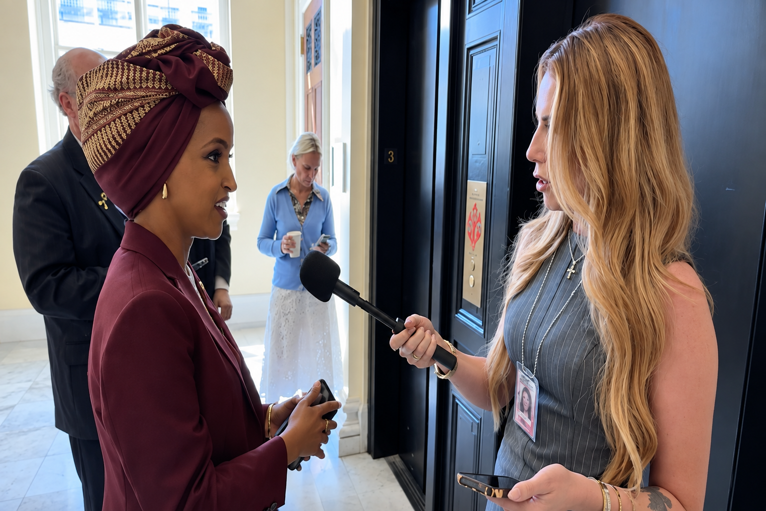 Ilhan Omar talking to a reporter