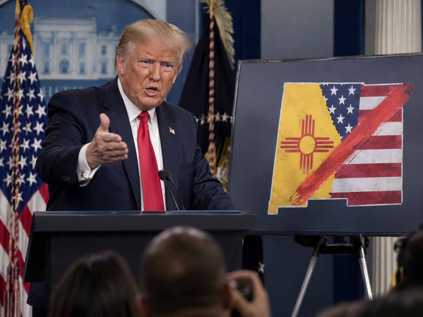 President Trump in front of sign