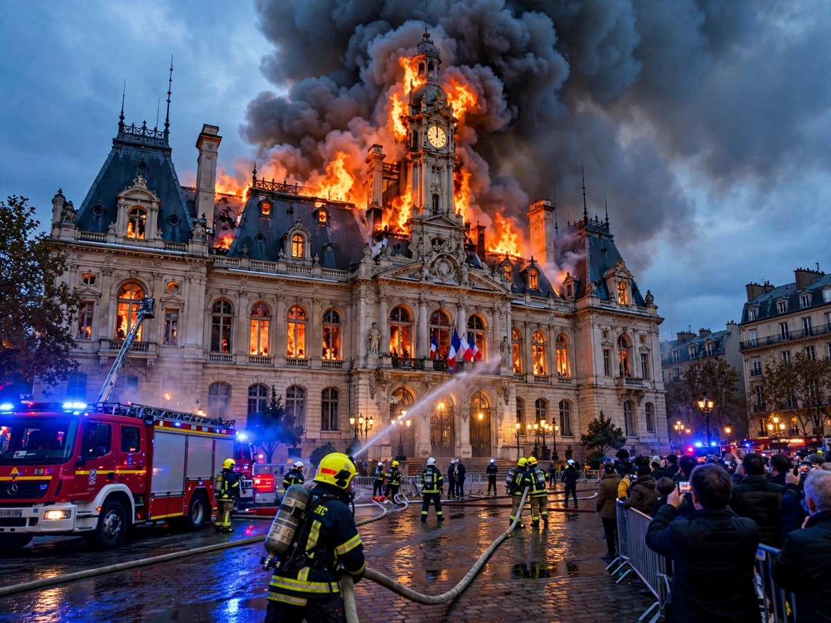 The historic Limoges City Hall clock tower collapses after rioters set the building ablaze in France.
