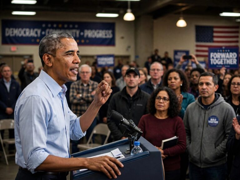 Barack Obama campaigning for Democrats in Ohio while criticizing President Trump