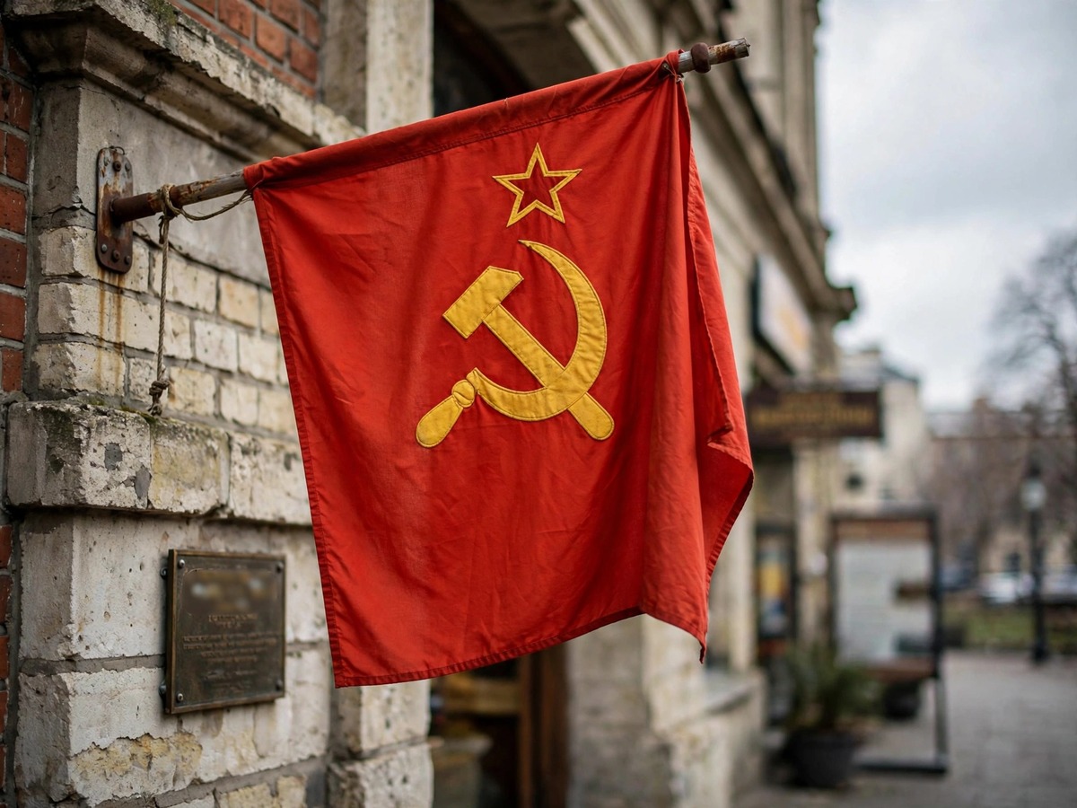 Soviet flag with a five-pointed star above the hammer and sickle